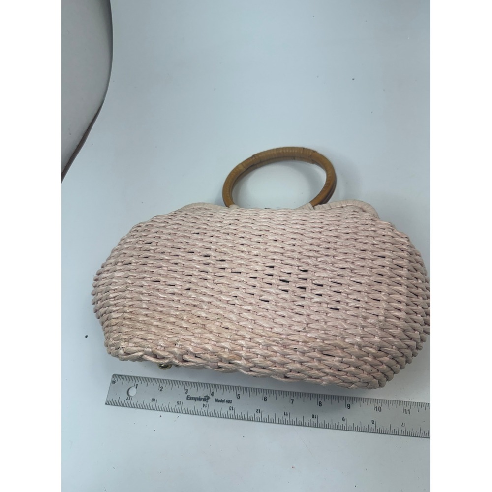 Vintage Pink Woven Straw Handbag Bamboo Top Handle Made in Japan Kiss Lock Clasp